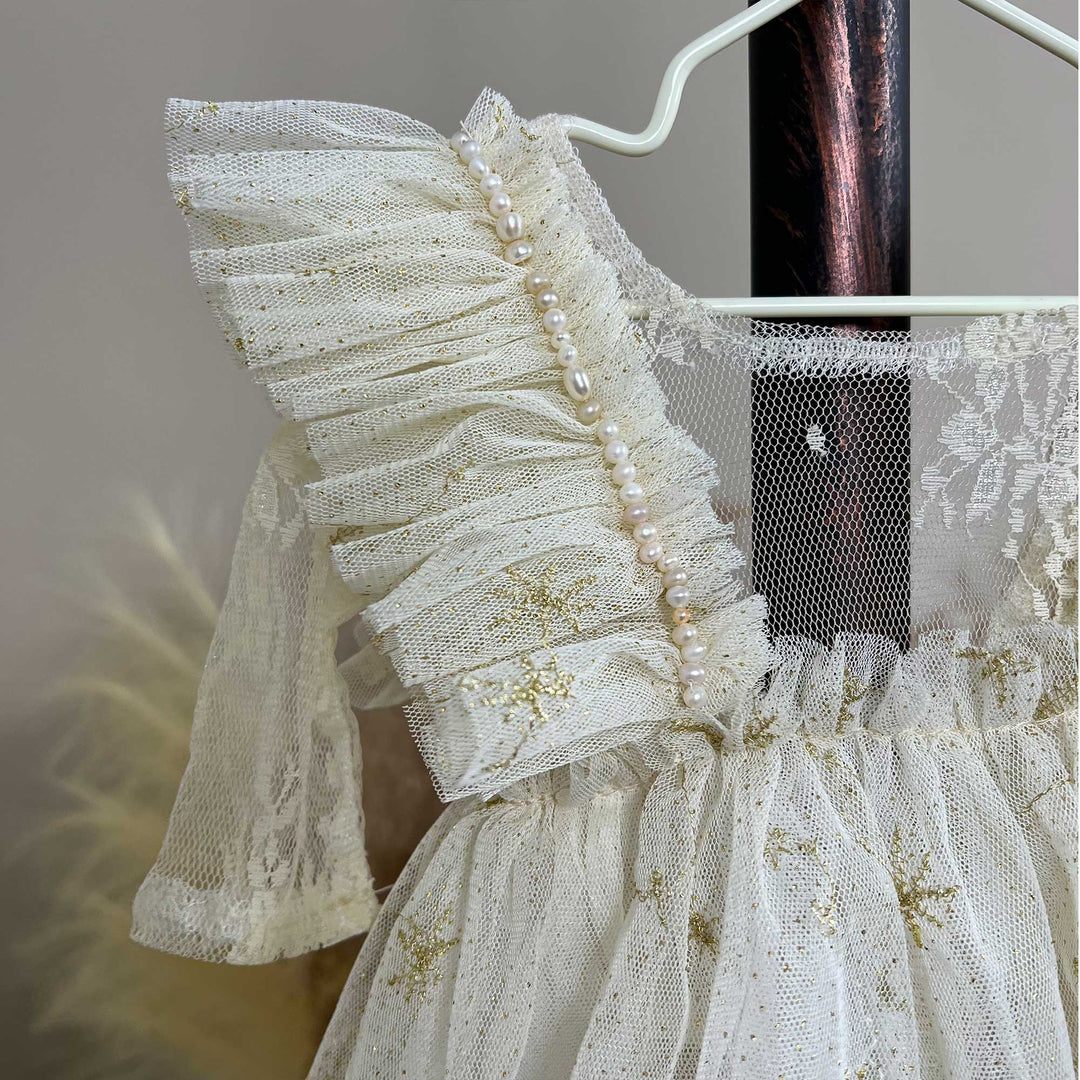 Tulle Gold Thread Embroidery Ruffle Newborn Dress