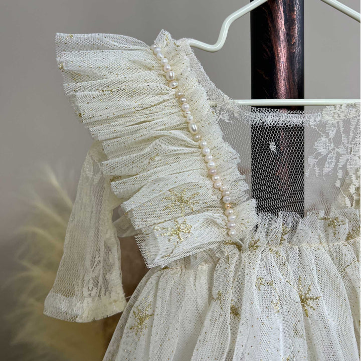 Tulle Gold Thread Embroidery Ruffle Newborn Dress