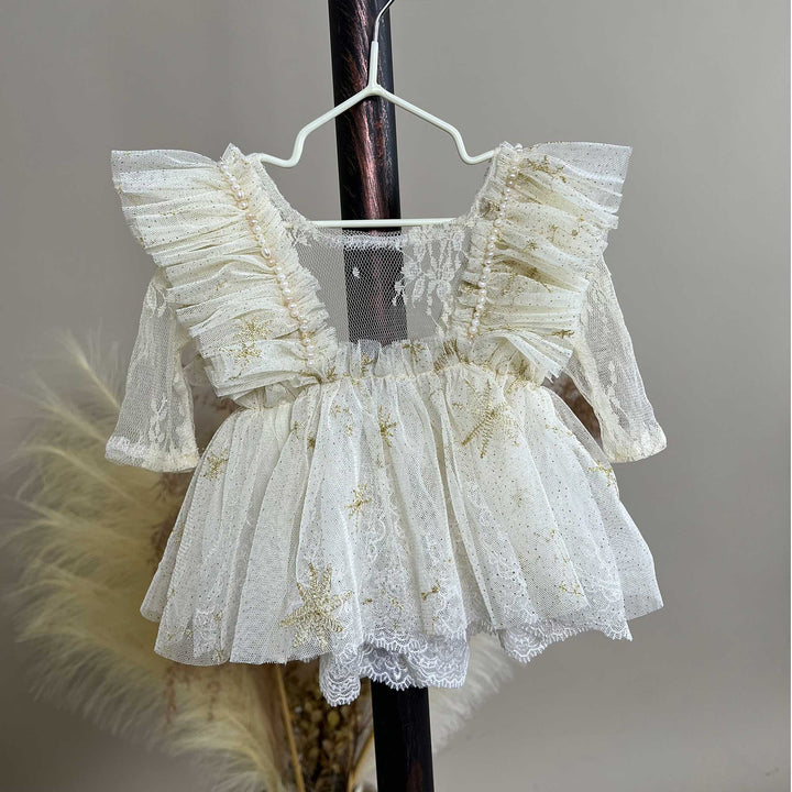 Tulle Gold Thread Embroidery Ruffle Newborn Dress