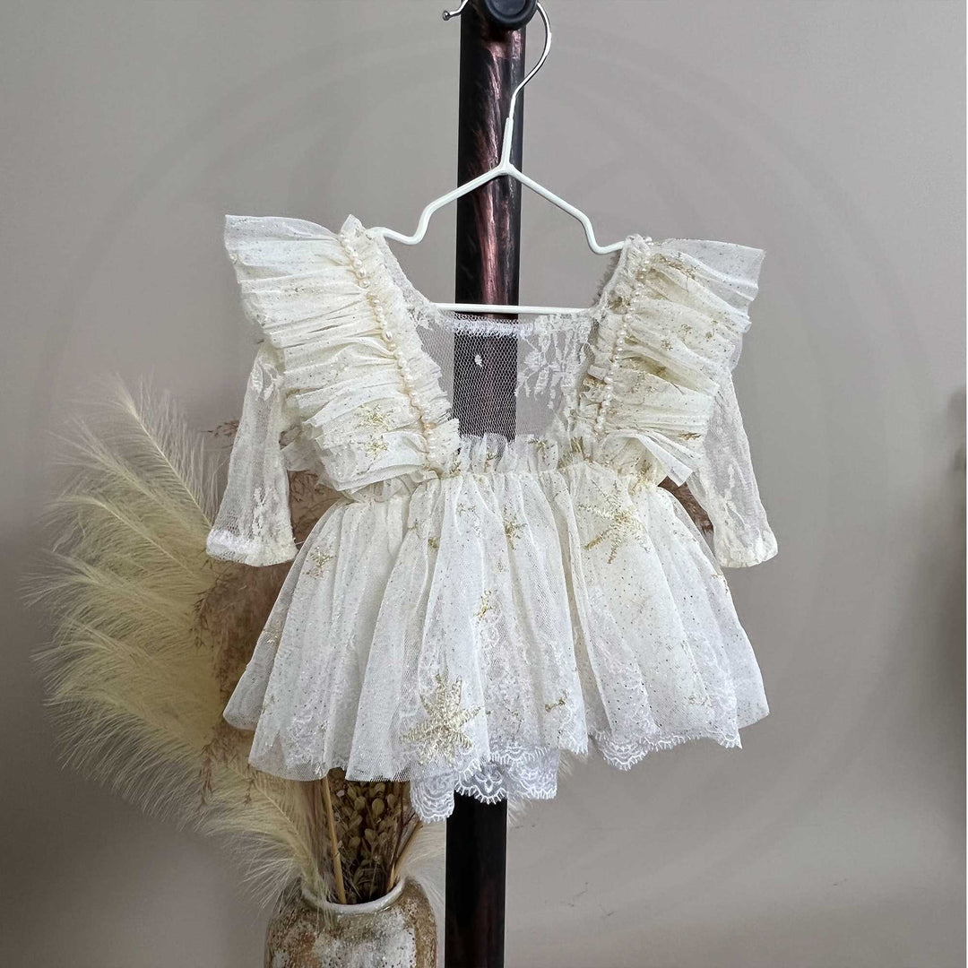 Tulle Gold Thread Embroidery Ruffle Newborn Dress