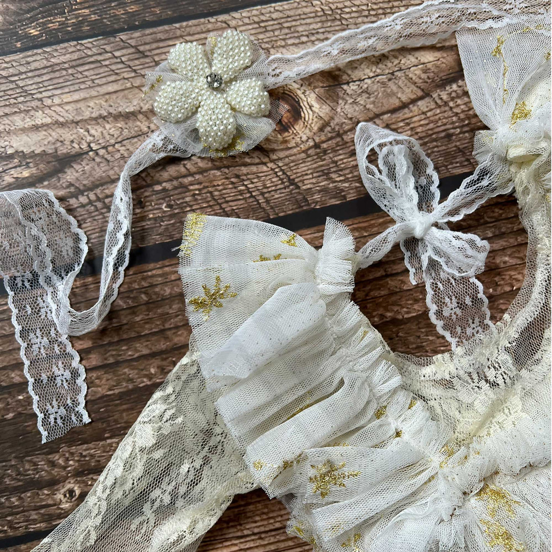 Tulle Gold Thread Embroidery Ruffle Newborn Dress