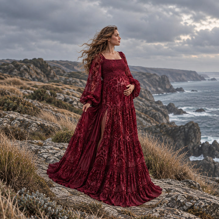 Calypso Gown | Red Wine Velvet Stretch Side Slit Maternity Photography Dress