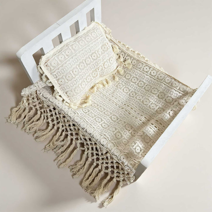 Beige cotton boho crochet tassel blanket and pillow 2-piece set for newborn photography props.