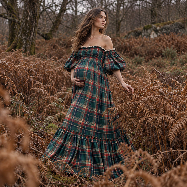 Catubri Gown | Plaid Stretch Off-Shoulder Puff Sleeve Maternity Photography Dress