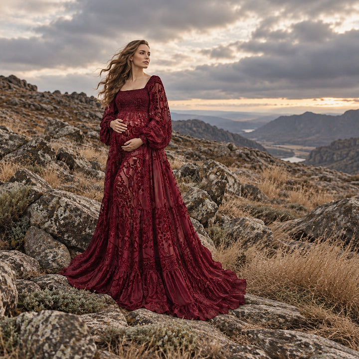 Calypso Gown | Red Wine Velvet Stretch Side Slit Maternity Photography Dress