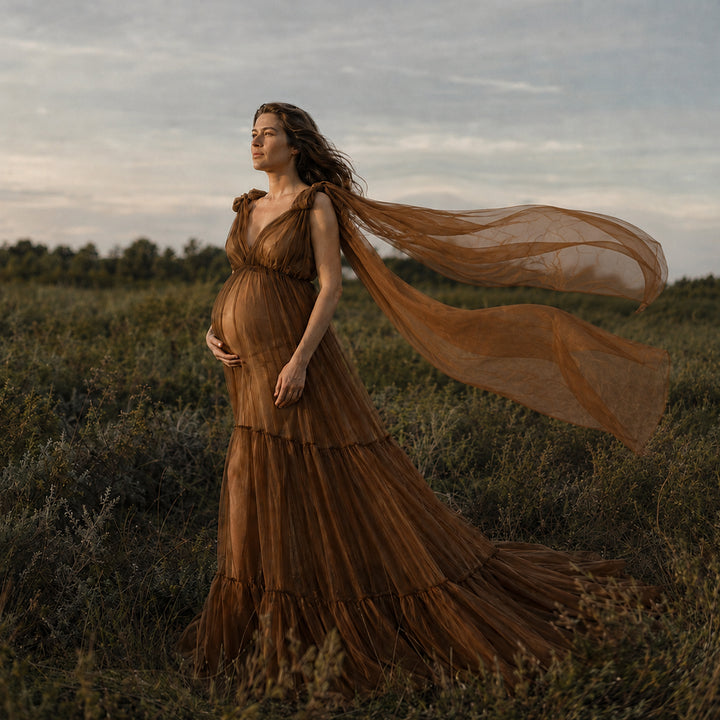 A pregnant woman stands in a grassy field wearing a flowing, brown dress with a sheer draped overlay that billows in the wind.