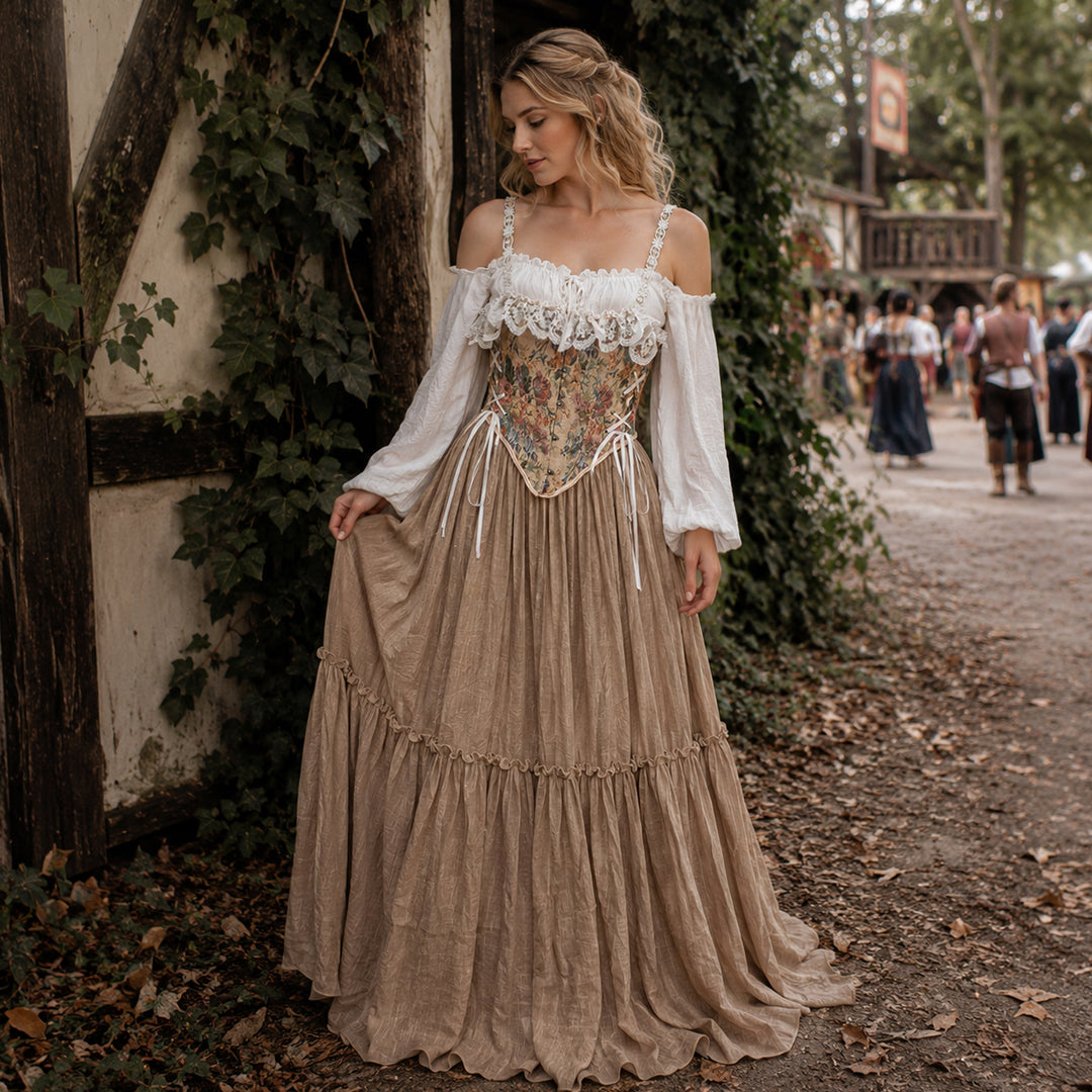 Woman wearing the Brigid 3-piece Renaissance festival dress set with a floral corset, white top and beige maxi skirt.