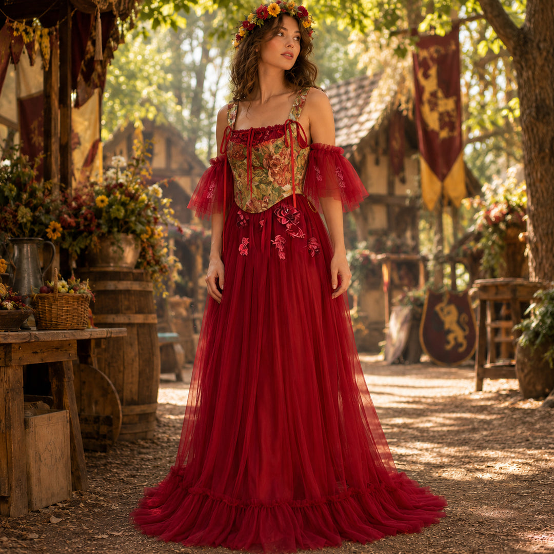 Woman wearing the Cailleach red Renaissance festival dress with a vintage floral corset.