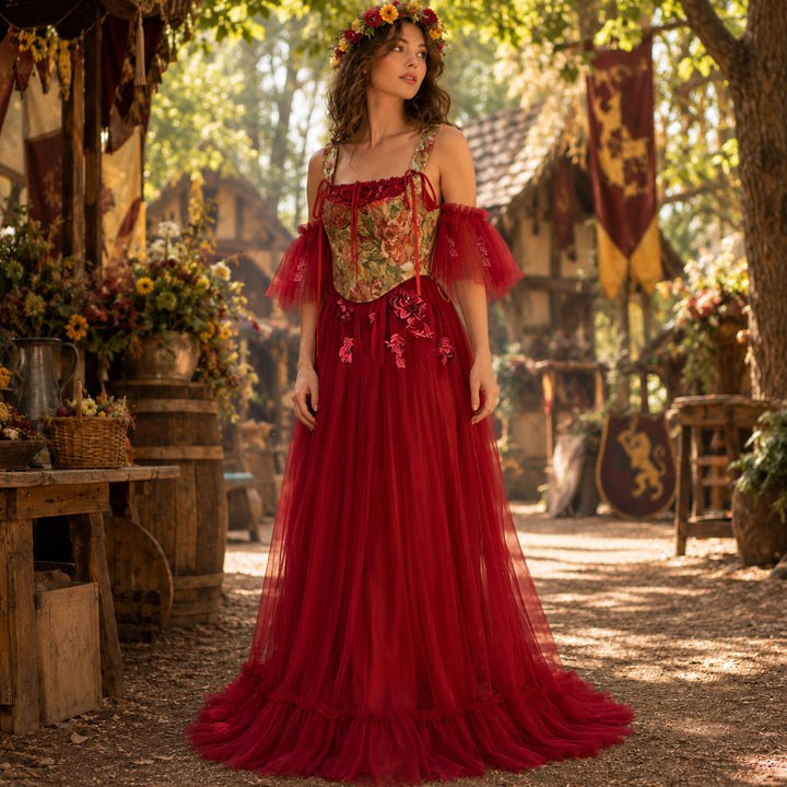 Woman wearing the Cailleach red Renaissance festival dress with a vintage floral corset.