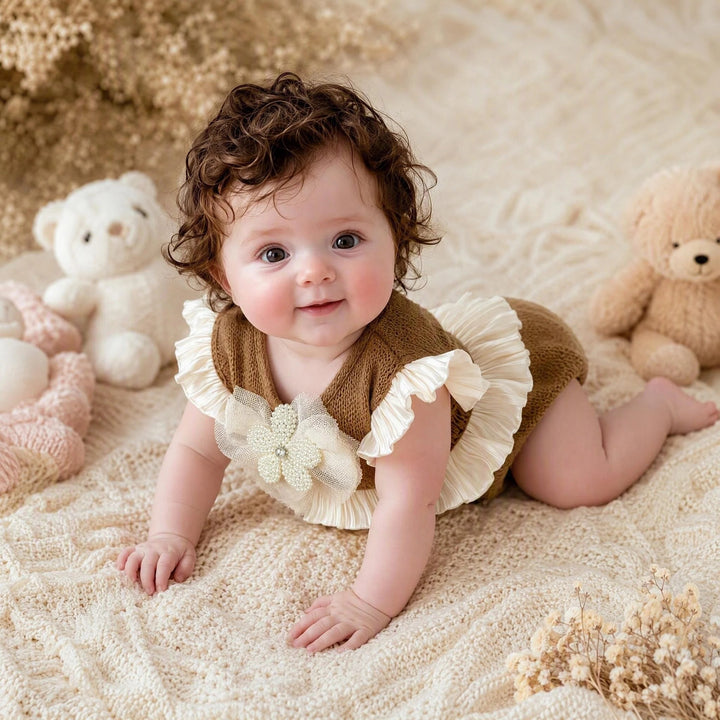 A newborn lies prone on a beige knit blanket, wearing a brown romper with beige ruffled edges and a mesh flower.