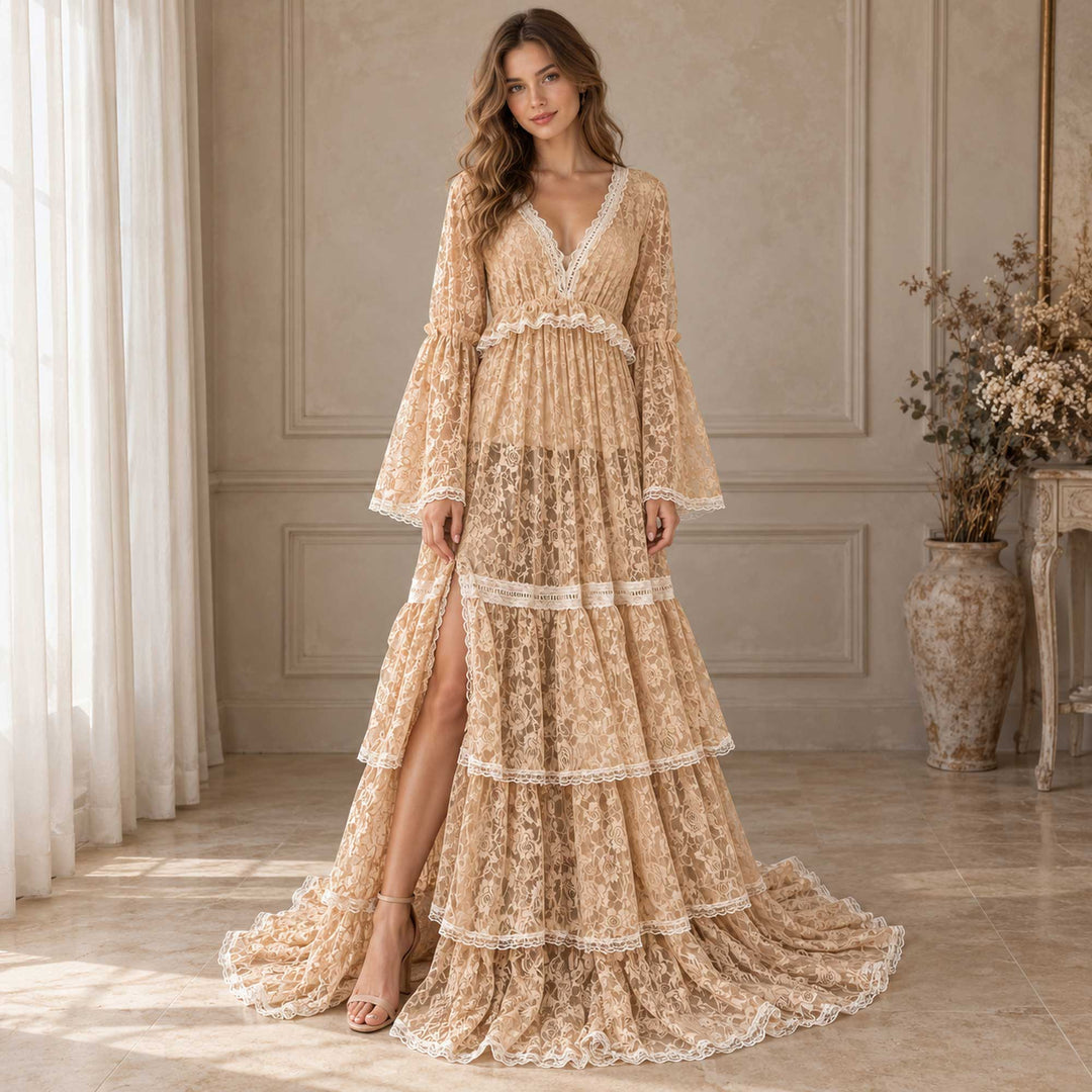 A woman in a Clito khaki lace dress with heeled sandals, one hand lifting the slit