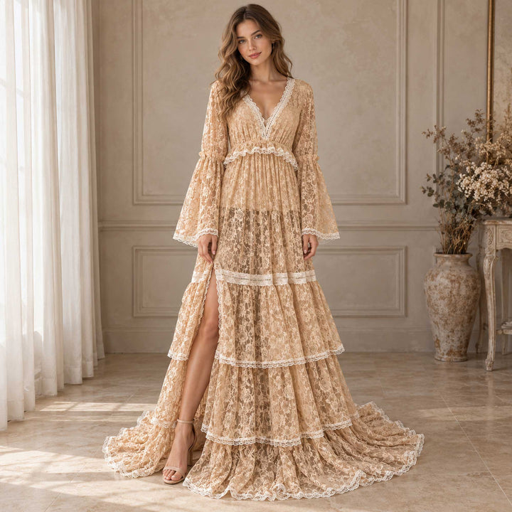 A woman in a Clito khaki lace dress with heeled sandals, one hand lifting the slit