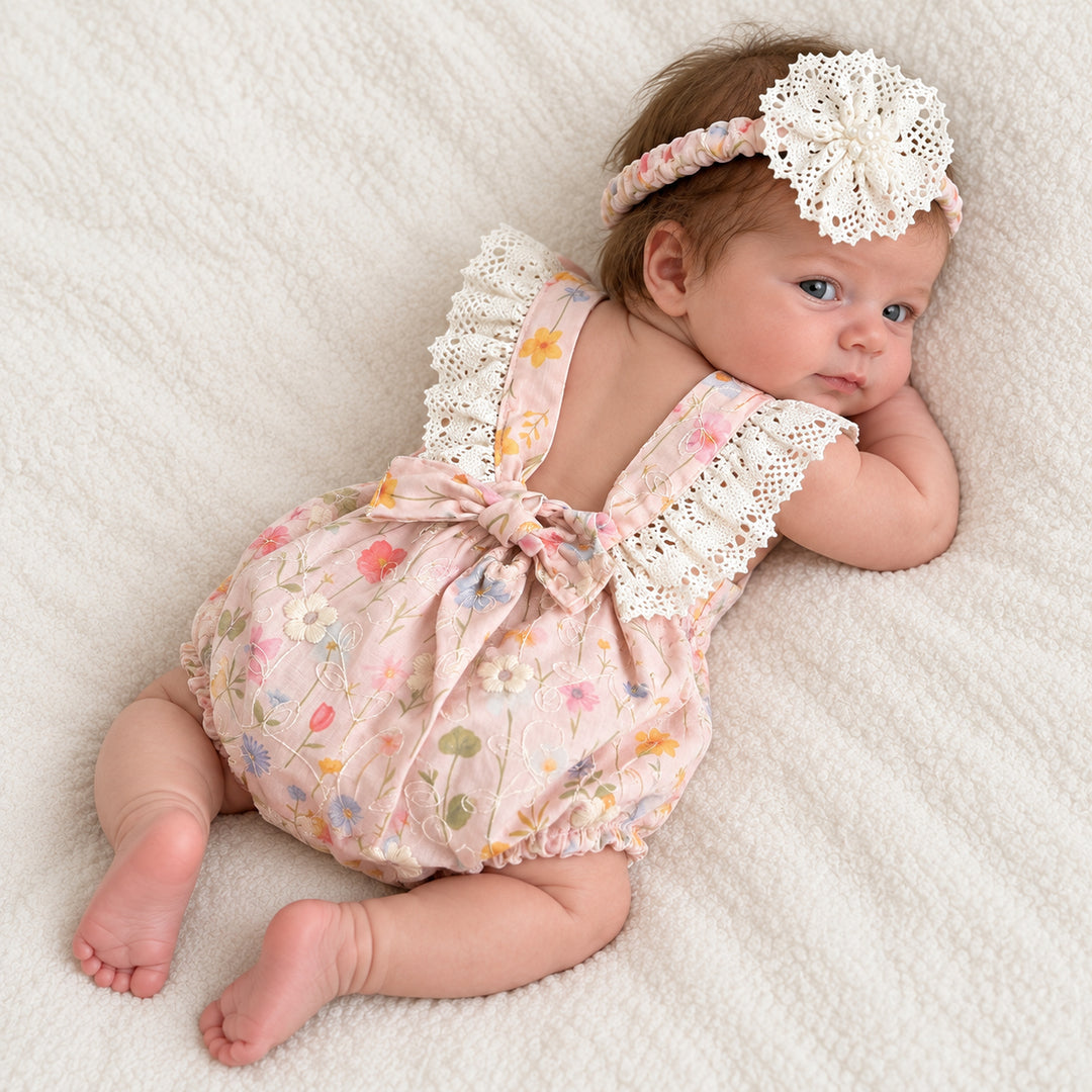 A baby in a pink floral suspender romper with white crochet lace on both straps and a bow on the back, lying on her side on a white blanket, wearing a lace-flower headband.