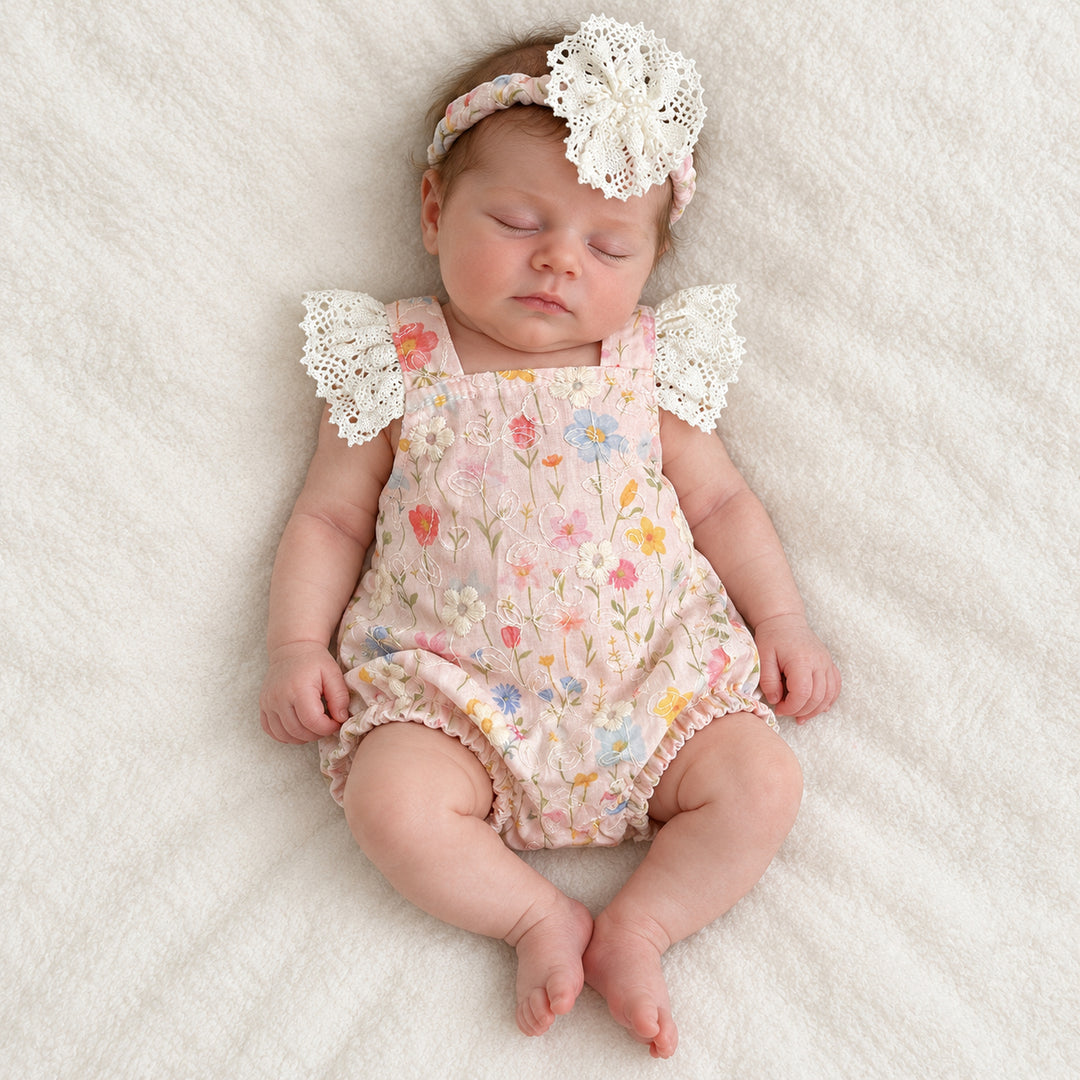 A baby lying on her back on a white blanket with eyes closed, showing the floral front of the romper and the crochet lace straps on both sides.