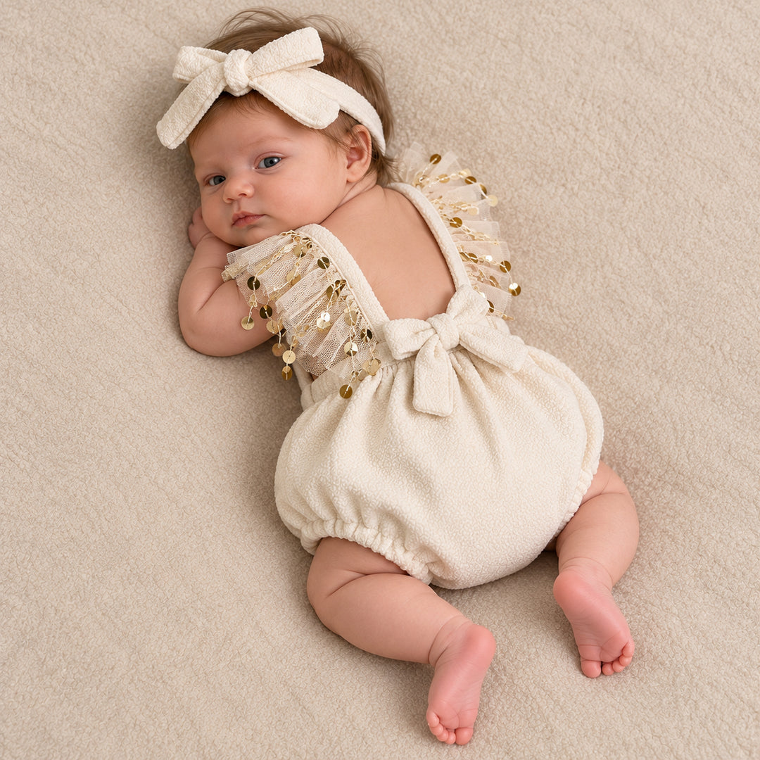 A baby lying on her side, showing the back bow tie and the tulle sequin straps, head turned toward the camera.