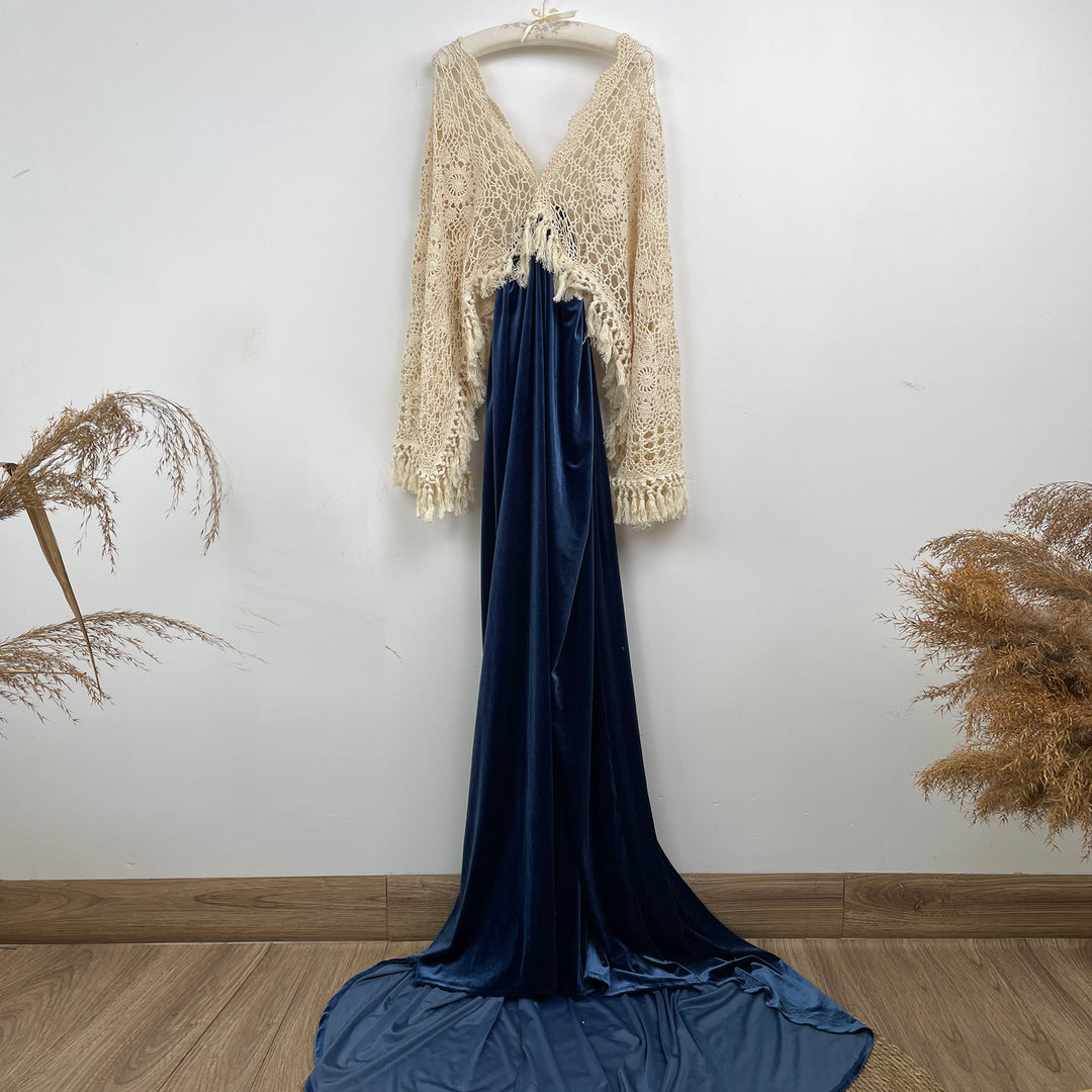 A mannequin wears Edwina KO-8 slip dress and a beige crochet cardigan. 