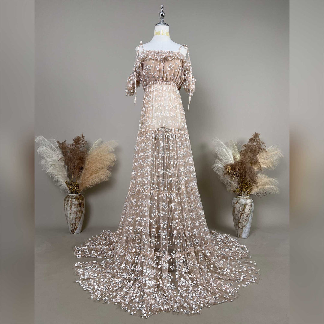 A khaki,Ersa floral embroidered off shoulder tulle maternity photography dress displayed on a mannequin.