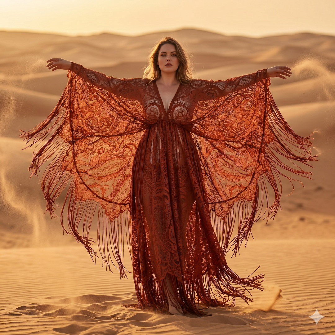 A woman stands in a desert wearing a terracotta lace fringe robe with arms spread; the robe features a deep V-neck and wide sleeves.
