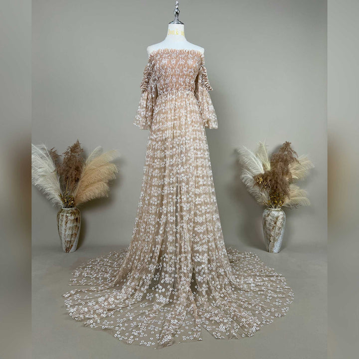 lysianassa floral embroidered off shoulder tulle maternity photography dress displayed on a mannequin.
