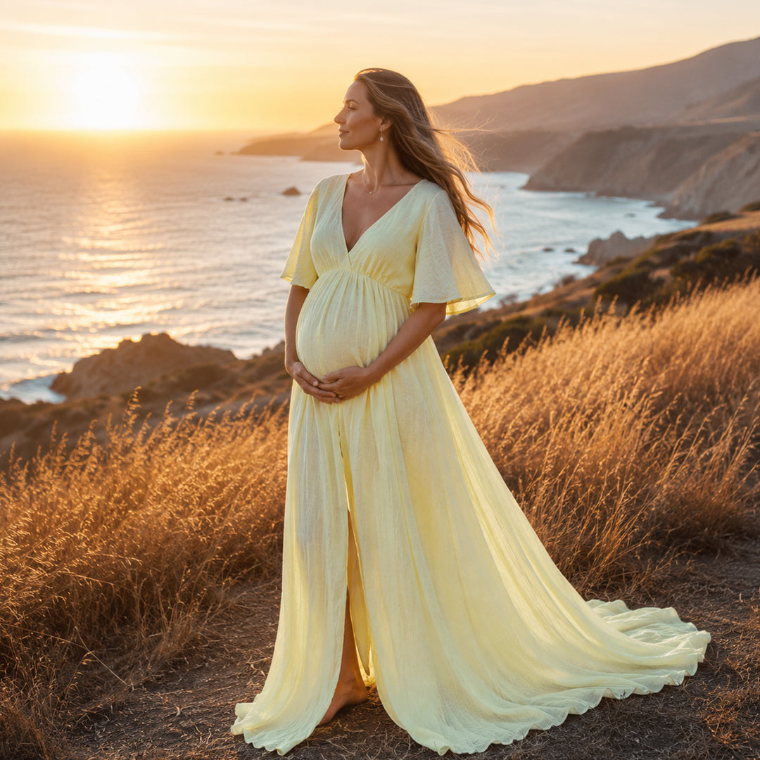 A pregnant woman in a yellow V-neck short-sleeve gown stands holding her belly; the dress features a side slit and train, set against a coastal cliff with dry grass.