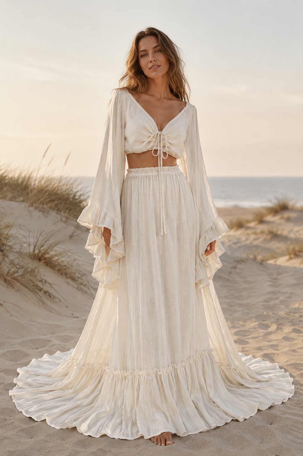 A woman stands on sand in a natural off white two-piece gown, the top is a deep-V drawstring crop with tiered trumpet sleeves, and the skirt is a high-waisted floor-length style with a ruffled hem.