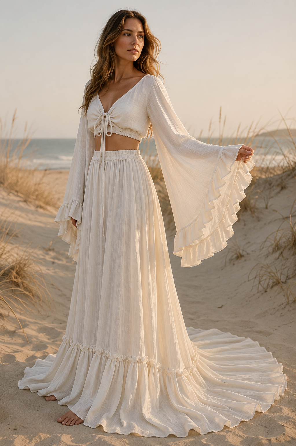 A woman stands on sand in a natural off white two-piece gown; the top is a deep-V boho crop with tiered trumpet sleeves, and the skirt is a high-waisted floor-length style with a ruffled hem.